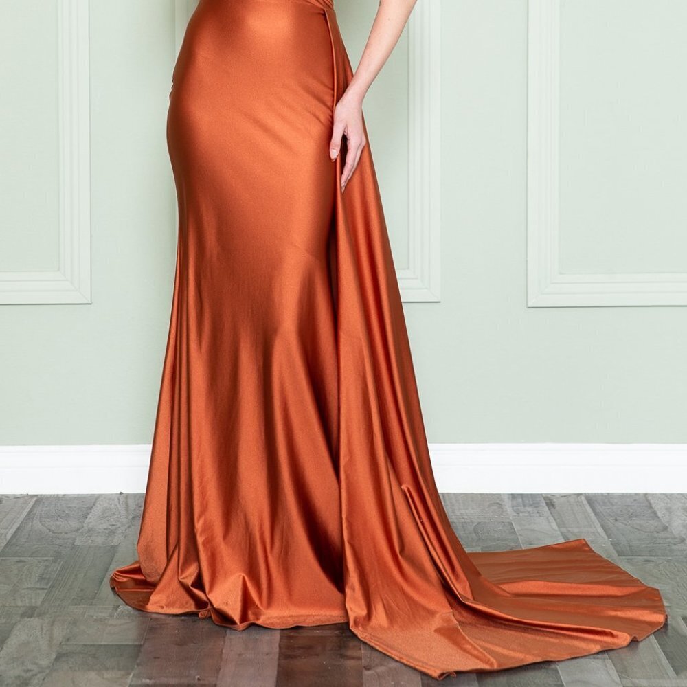 NEW LONG ONE SHOULDER SLEEVELESS SHEATH DRESS WITH SIDE CAPE SKIRT & ZIP 387 - Picture 9 of 9
